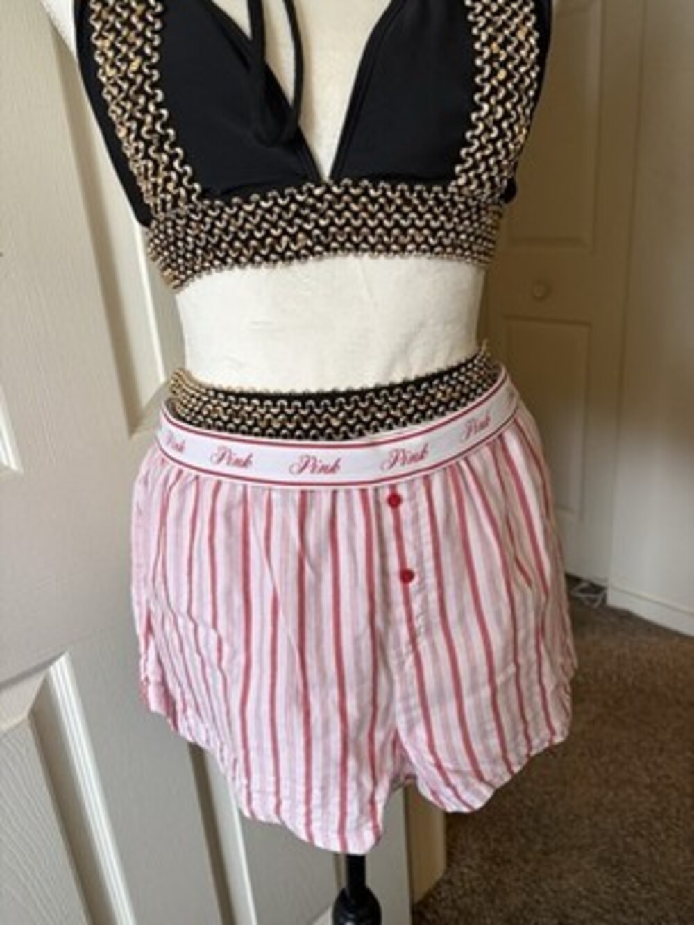 PINK Victoria's Secret Striped Pink/White Sleep Shorts Boxer Style Logo